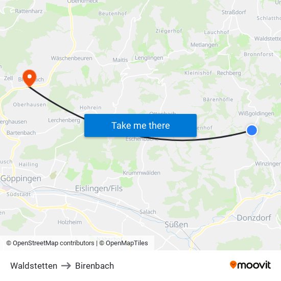 Waldstetten to Birenbach map