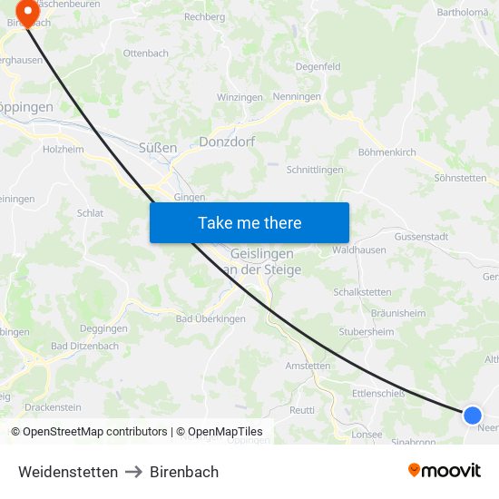 Weidenstetten to Birenbach map