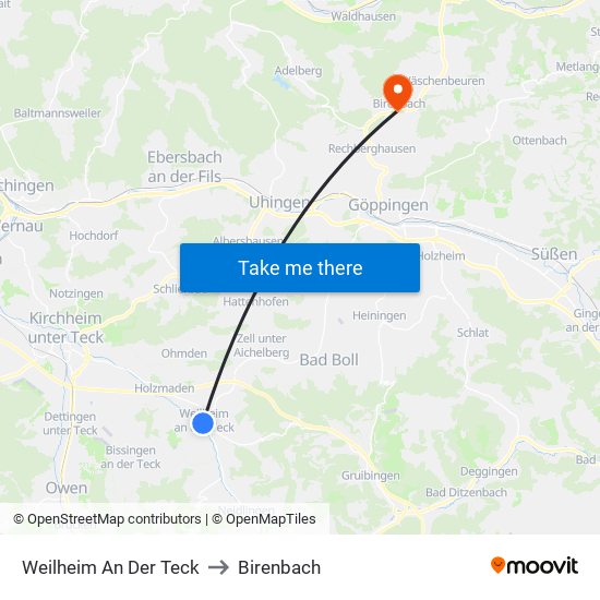 Weilheim An Der Teck to Birenbach map