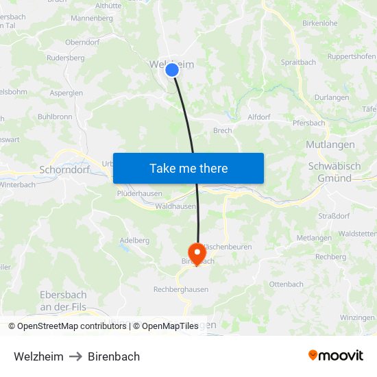 Welzheim to Birenbach map