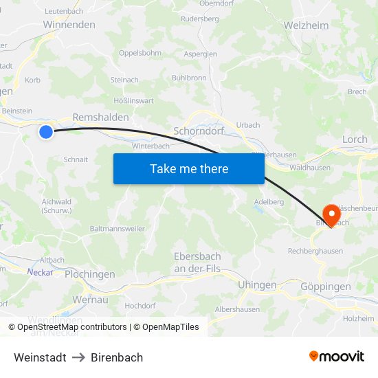 Weinstadt to Birenbach map