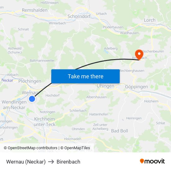 Wernau (Neckar) to Birenbach map