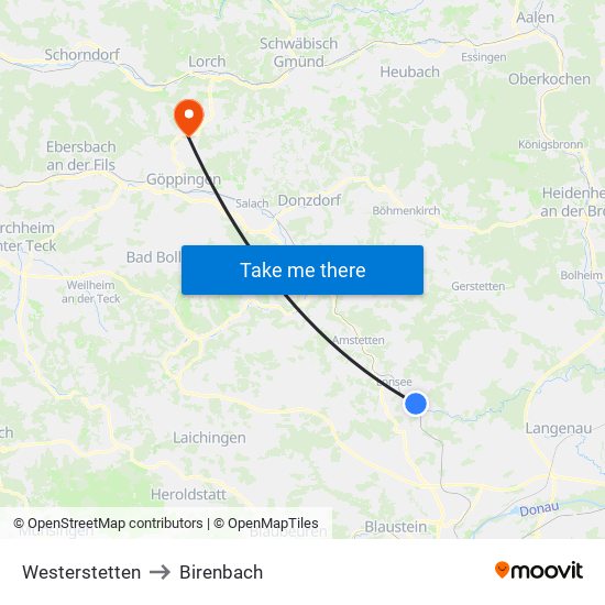 Westerstetten to Birenbach map