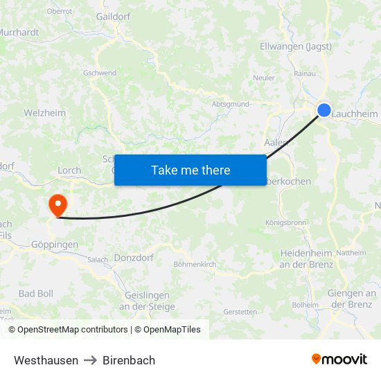 Westhausen to Birenbach map