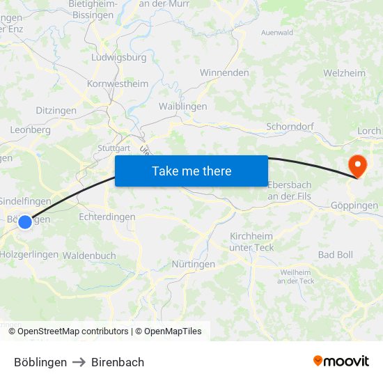 Böblingen to Birenbach map