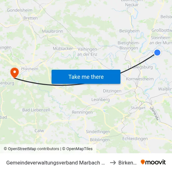 Gemeindeverwaltungsverband Marbach am Neckar to Birkenfeld map
