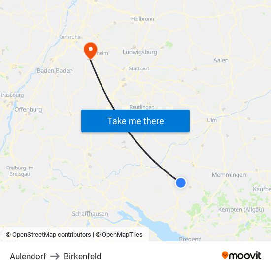 Aulendorf to Birkenfeld map