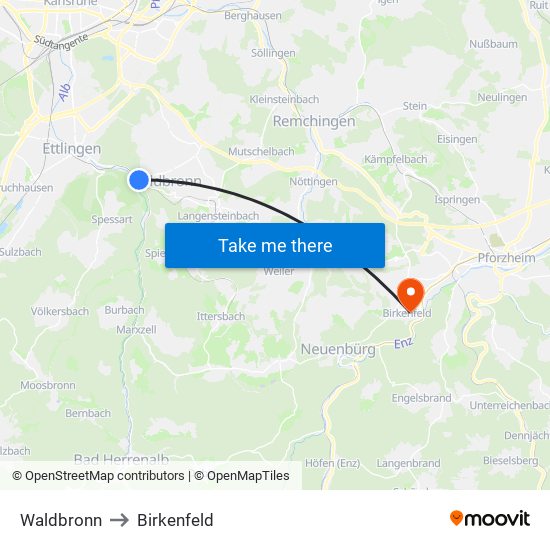 Waldbronn to Birkenfeld map
