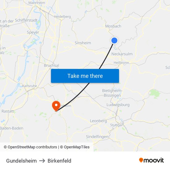 Gundelsheim to Birkenfeld map