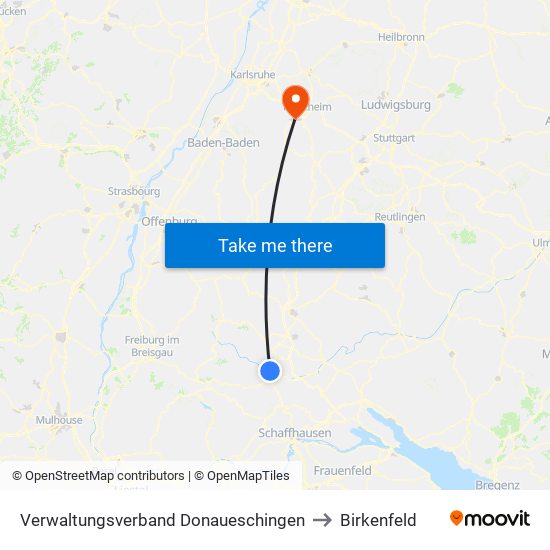 Verwaltungsverband Donaueschingen to Birkenfeld map