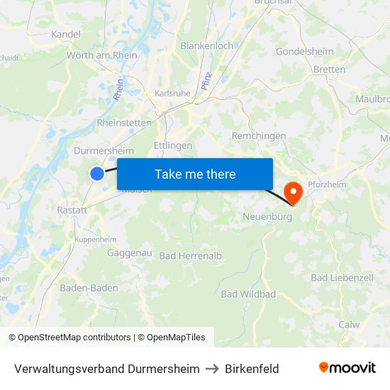 Verwaltungsverband Durmersheim to Birkenfeld map