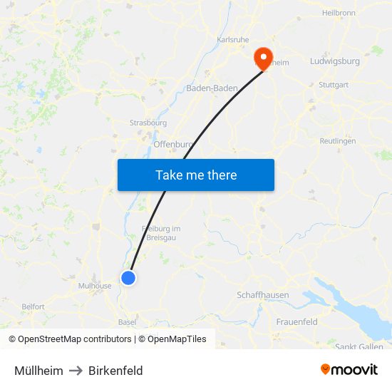 Müllheim to Birkenfeld map