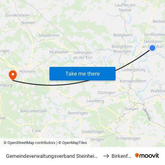 Gemeindeverwaltungsverband Steinheim-Murr to Birkenfeld map