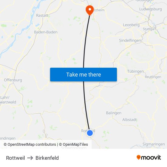 Rottweil to Birkenfeld map