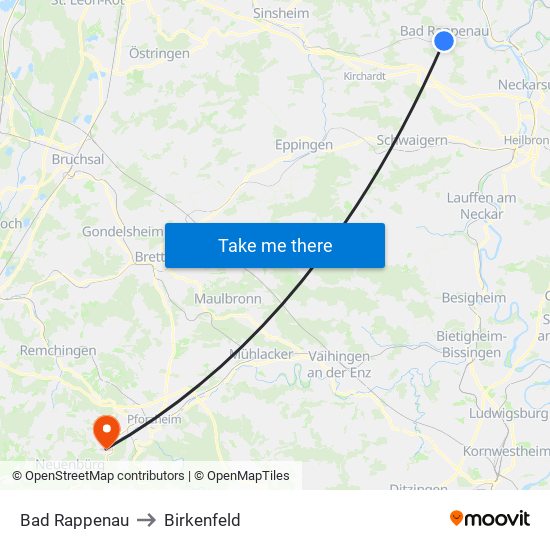 Bad Rappenau to Birkenfeld map