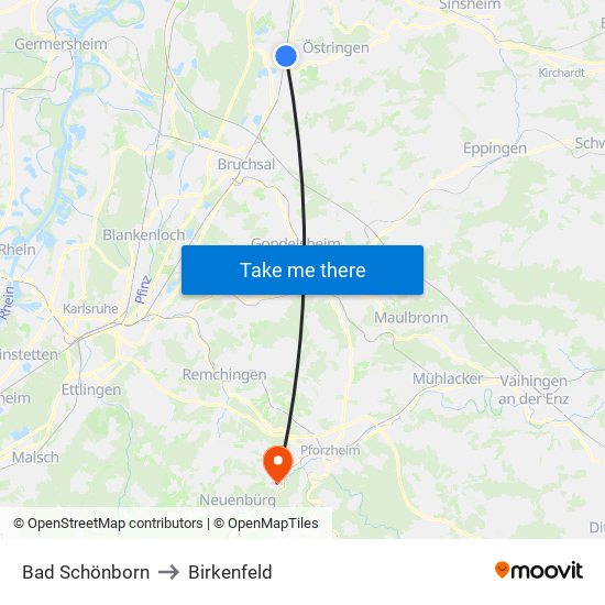 Bad Schönborn to Birkenfeld map