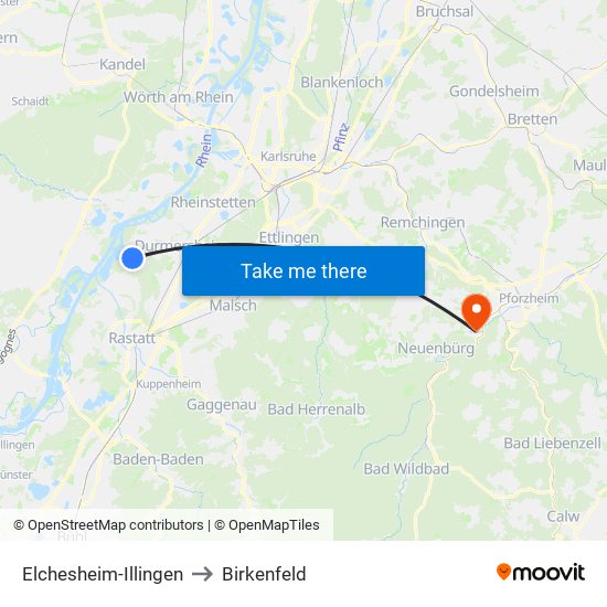 Elchesheim-Illingen to Birkenfeld map