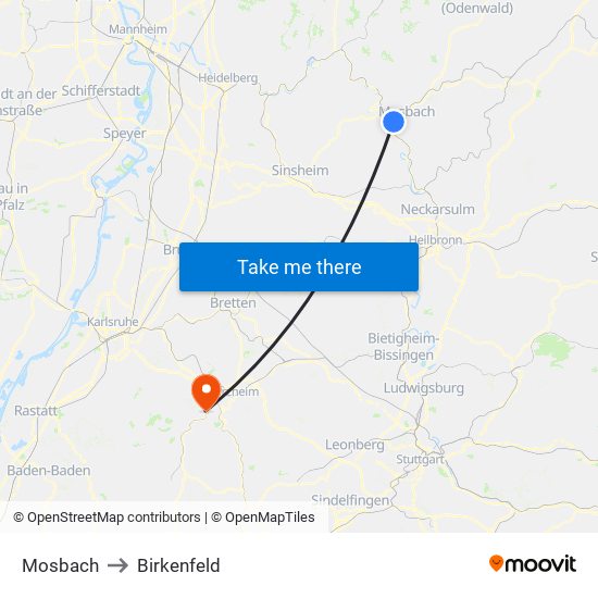 Mosbach to Birkenfeld map