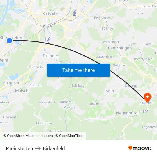 Rheinstetten to Birkenfeld map