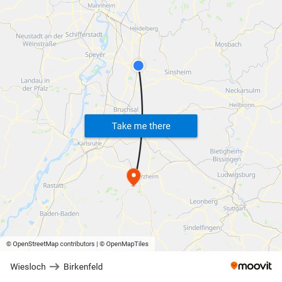 Wiesloch to Birkenfeld map