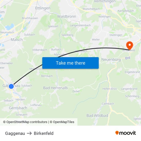 Gaggenau to Birkenfeld map