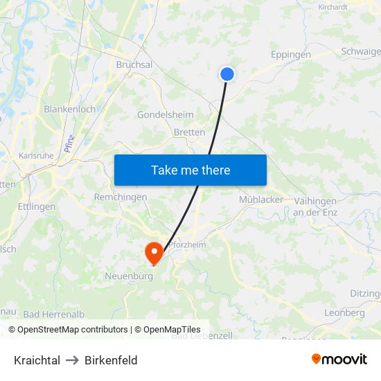 Kraichtal to Birkenfeld map