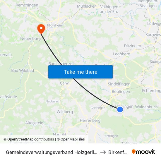 Gemeindeverwaltungsverband Holzgerlingen to Birkenfeld map