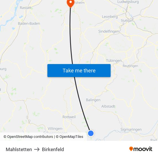 Mahlstetten to Birkenfeld map