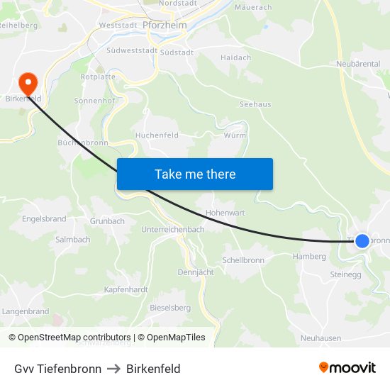 Gvv Tiefenbronn to Birkenfeld map