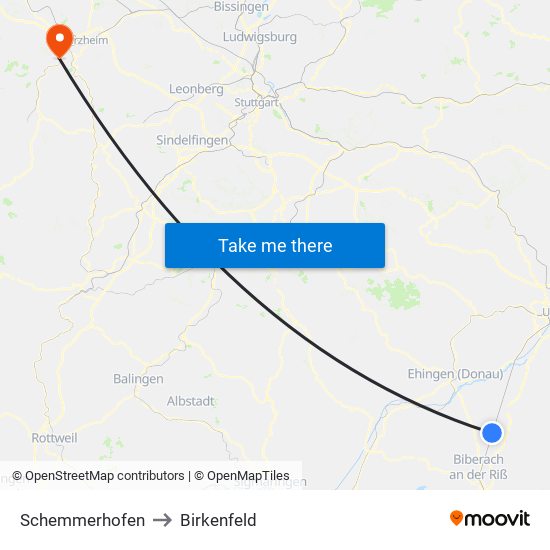 Schemmerhofen to Birkenfeld map