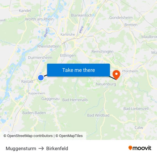 Muggensturm to Birkenfeld map