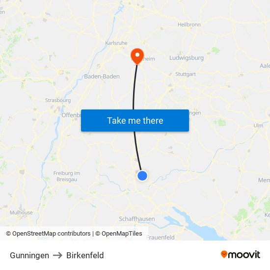 Gunningen to Birkenfeld map