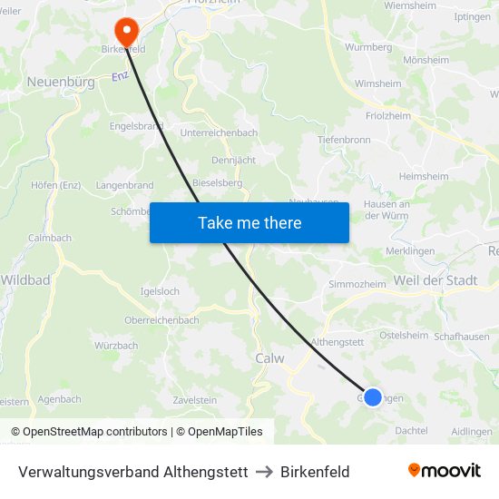 Verwaltungsverband Althengstett to Birkenfeld map