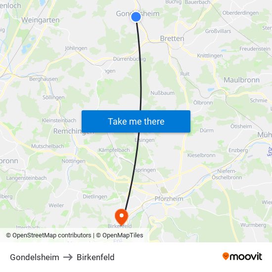Gondelsheim to Birkenfeld map