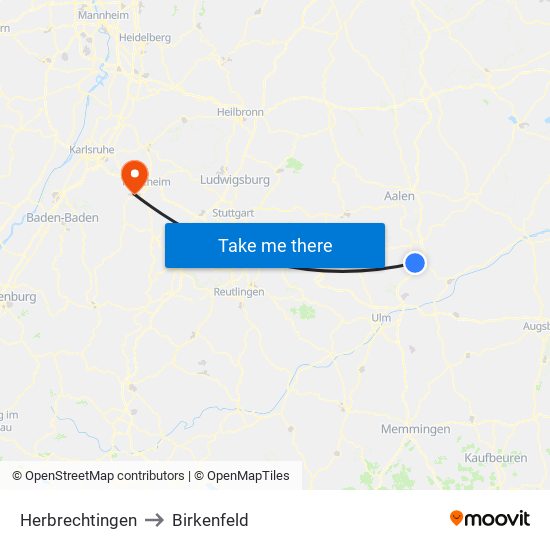Herbrechtingen to Birkenfeld map
