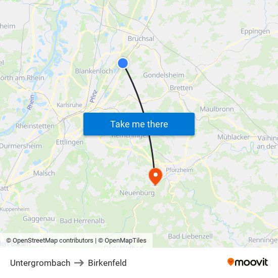 Untergrombach to Birkenfeld map