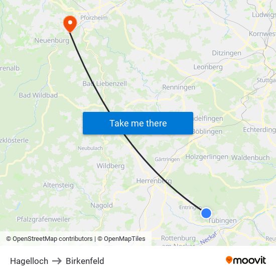 Hagelloch to Birkenfeld map