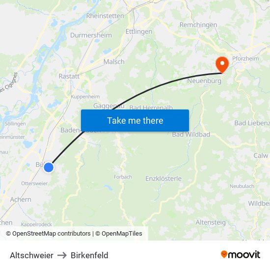 Altschweier to Birkenfeld map