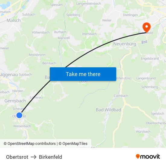 Obertsrot to Birkenfeld map