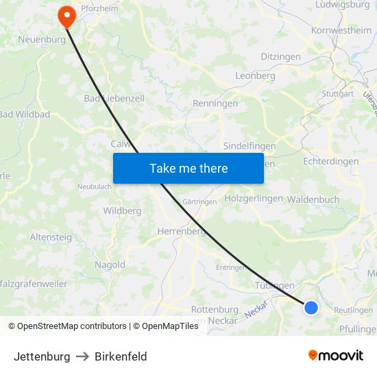 Jettenburg to Birkenfeld map