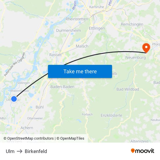 Ulm to Birkenfeld map