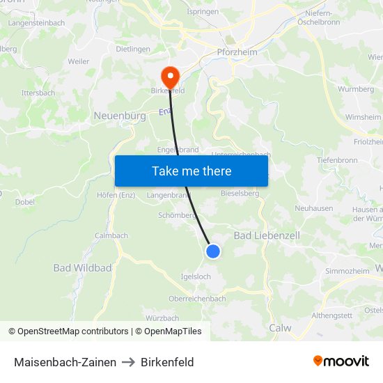 Maisenbach-Zainen to Birkenfeld map