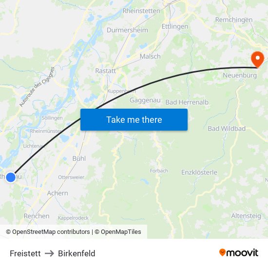 Freistett to Birkenfeld map