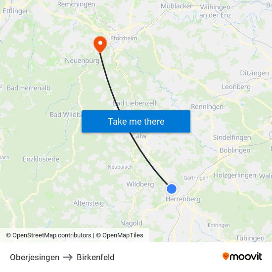 Oberjesingen to Birkenfeld map