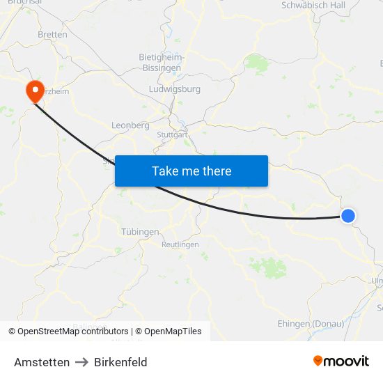 Amstetten to Birkenfeld map