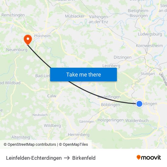 Leinfelden-Echterdingen to Birkenfeld map