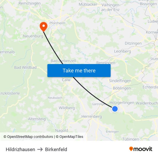 Hildrizhausen to Birkenfeld map