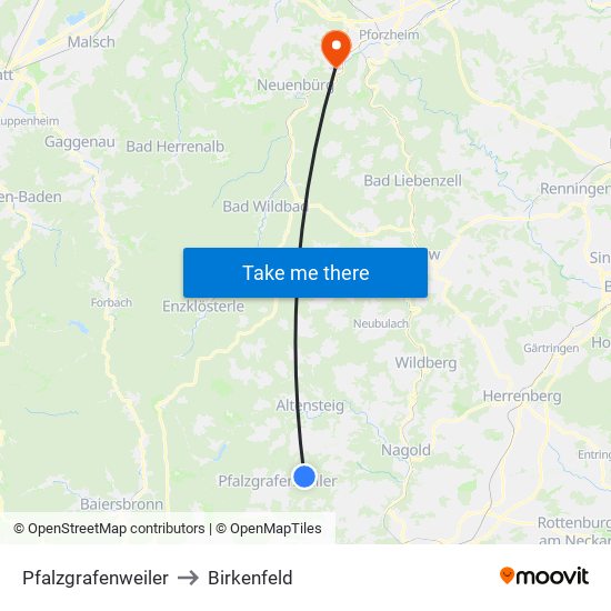 Pfalzgrafenweiler to Birkenfeld map