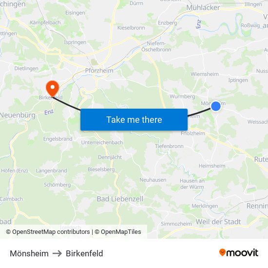 Mönsheim to Birkenfeld map
