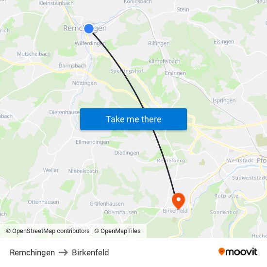 Remchingen to Birkenfeld map